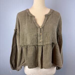 Anthropologie Promesa V-Neck Henley Balloon Sleeve Gauze Cotton Blouse Boho Sm.